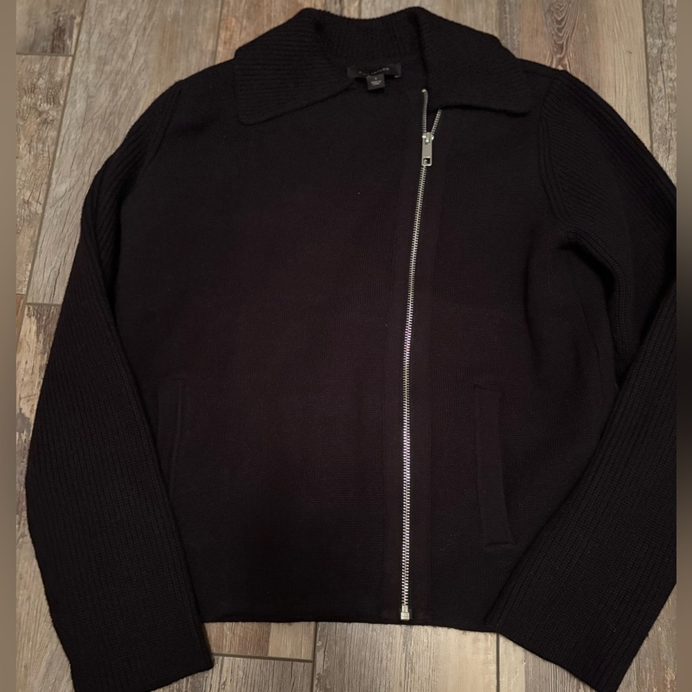 Ann Taylor, Black, Zip Up, Heavyweight, Collar, Asymmetrical Cardigan, Size S